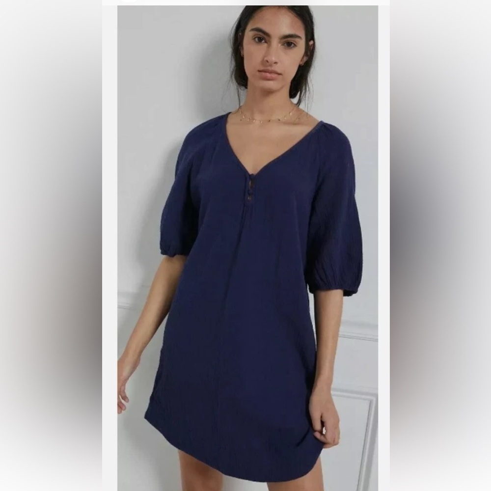 Anthropologie Taylor Navy Blue Puff Sleeved Tunic Dress Size XS Cotton